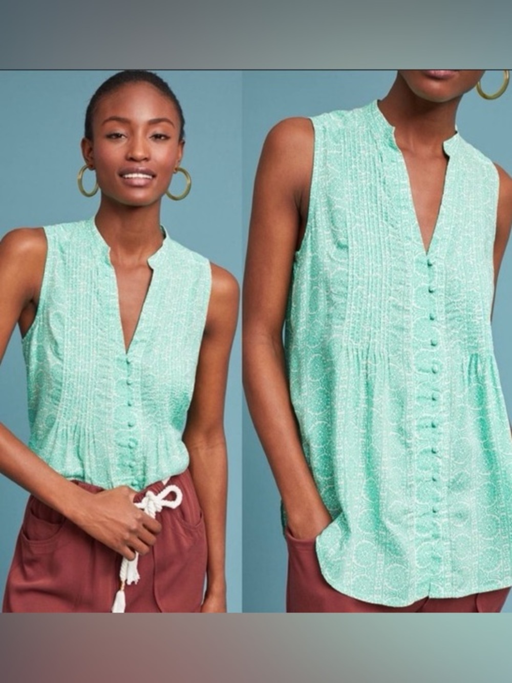 Maeve Anthropologie Sleeveless Pintuck Blouse Mint Green Print Medium